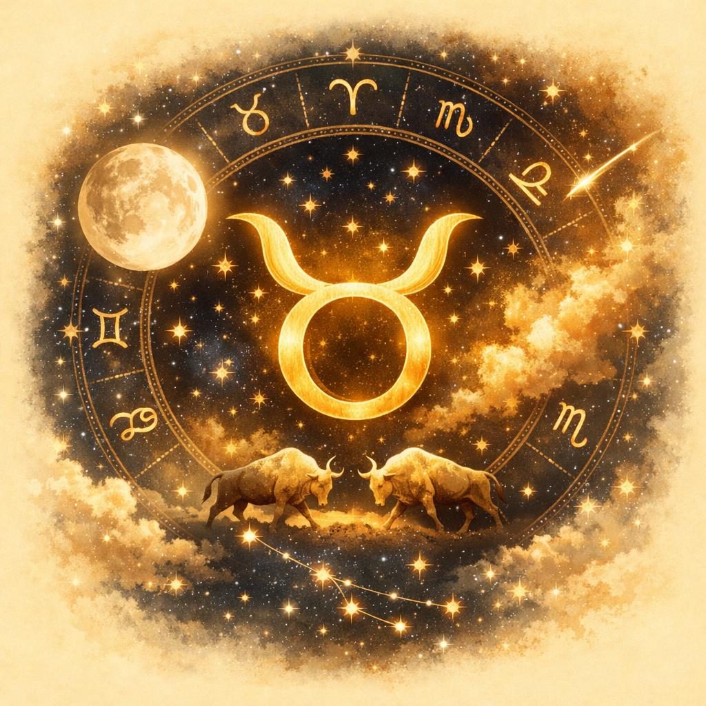 Symbolbild für Sternzeichen und passende Edelsteine mit Sternzeichen, zwei Stieren und Vollmond am Himmel.