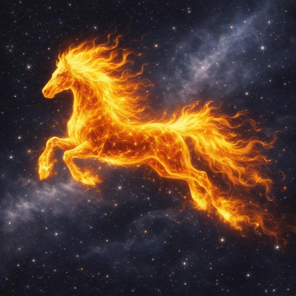 Feuerpferd am Nachthimmel mit Sternen als Symbolbild für Das Jahr des Feuerpferdes 2026 und passende Edelsteine.