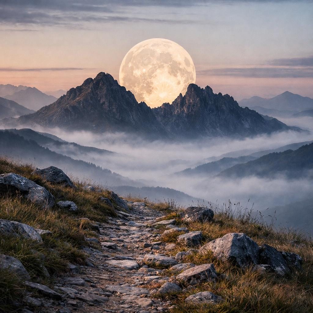 Vollmond über den Bergen für den Mondkalender und passende Edelsteine für 2026.