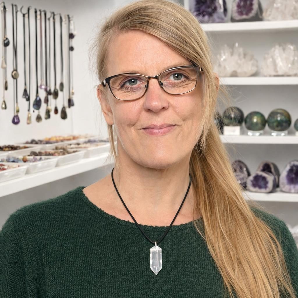 Porträtfoto von Sandra – Inhaberin von Sandras Mineralien mit Mineralien in weißen Regalen im Hintergrund.